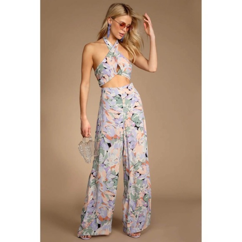 Lulus Womens Palm Beach Babe Lilac Floral Print Wide Leg Pants Size Medium